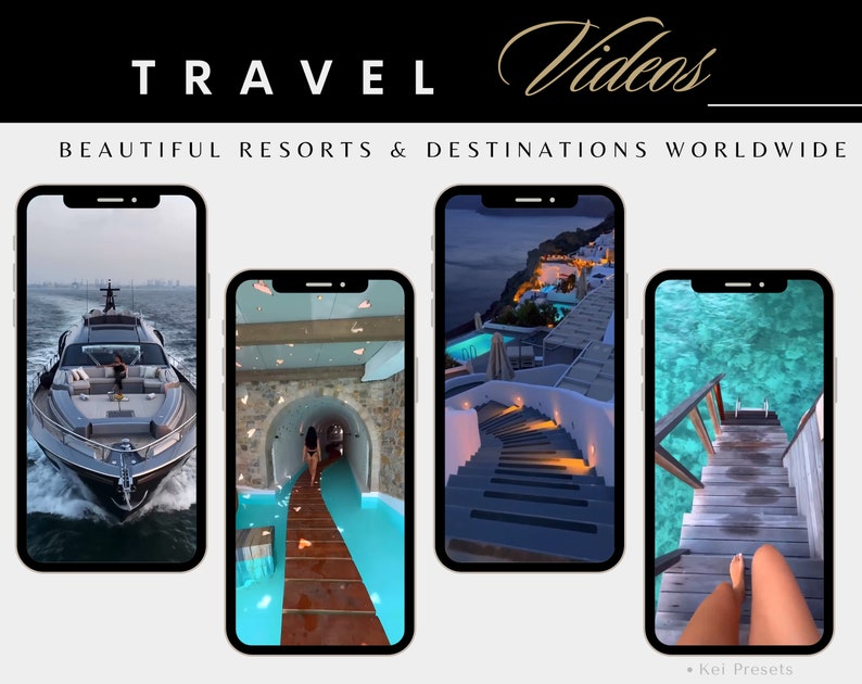May include: Four images of different travel destinations. The first image shows a luxury yacht on the water. The second image shows a woman walking on a wooden walkway over a blue pool. The third image shows a set of stairs leading up to a white building with a pool in the background. The fourth image shows a person's legs and feet on a wooden walkway over a turquoise body of water.