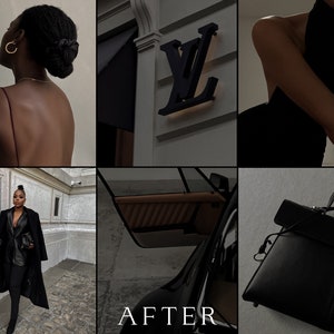 May include: A collage of images featuring a woman with a bun and gold hoop earrings, a black Louis Vuitton sign, a woman in a black outfit, a woman in a black coat, a car door with tan interior, and a black handbag. The word "AFTER" is at the bottom.
