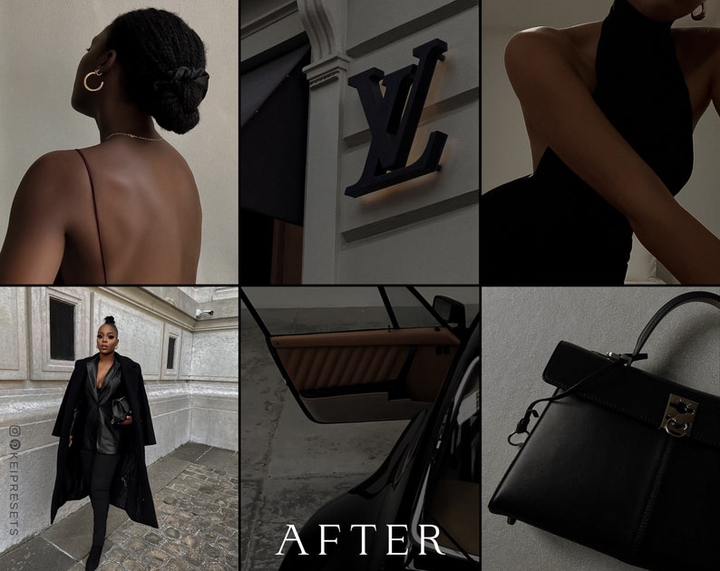 May include: A collage of images featuring a woman with a bun and gold hoop earrings, a black Louis Vuitton sign, a woman in a black outfit, a woman in a black coat, a car door with tan interior, and a black handbag. The word "AFTER" is at the bottom.
