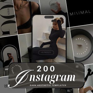 200 plantillas de publicaciones de Instagram negras más vendidas / Plantillas de historias de Instagram con estética oscura / Ajustes preestablecidos de feed oscuros / Destacados de Instagram negros