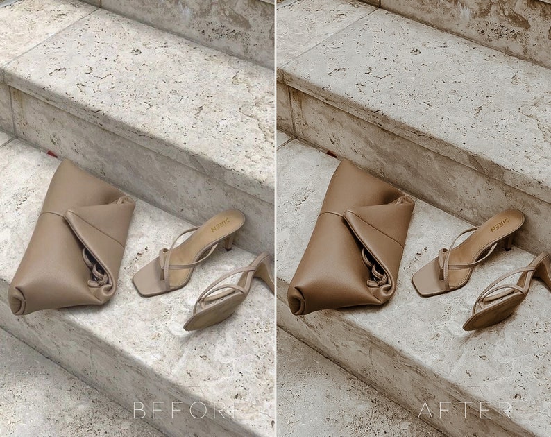May include: Two pairs of beige heeled sandals with a thin strap design. The sandals are on a light beige stone staircase. The sandals have the word "NUDIS" written on the straps.
