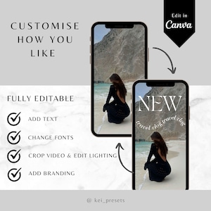 Op de afbeelding: Bewerkbare Instagram-storytemplate met een foto van een vrouw in een zwarte jurk op een strand. De tekst "NEW travel vlog travel vlog" staat op de template. De template is volledig aanpasbaar met de mogelijkheid om tekst toe te voegen, lettertypen te wijzigen, de video bij te snijden, de belichting te bewerken en branding toe te voegen.