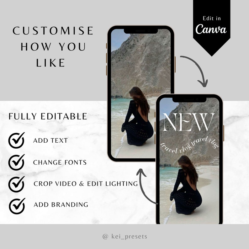 Op de afbeelding: Bewerkbare Instagram-storytemplate met een foto van een vrouw in een zwarte jurk op een strand. De tekst "NEW travel vlog travel vlog" staat op de template. De template is volledig aanpasbaar met de mogelijkheid om tekst toe te voegen, lettertypen te wijzigen, de video bij te snijden, de belichting te bewerken en branding toe te voegen.
