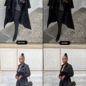 May include: A woman in a black outfit, wearing a long black coat, leather jacket, and black pants. She is also wearing black boots and carrying a black clutch. The image has a "BEFORE" and "AFTER" comparison.