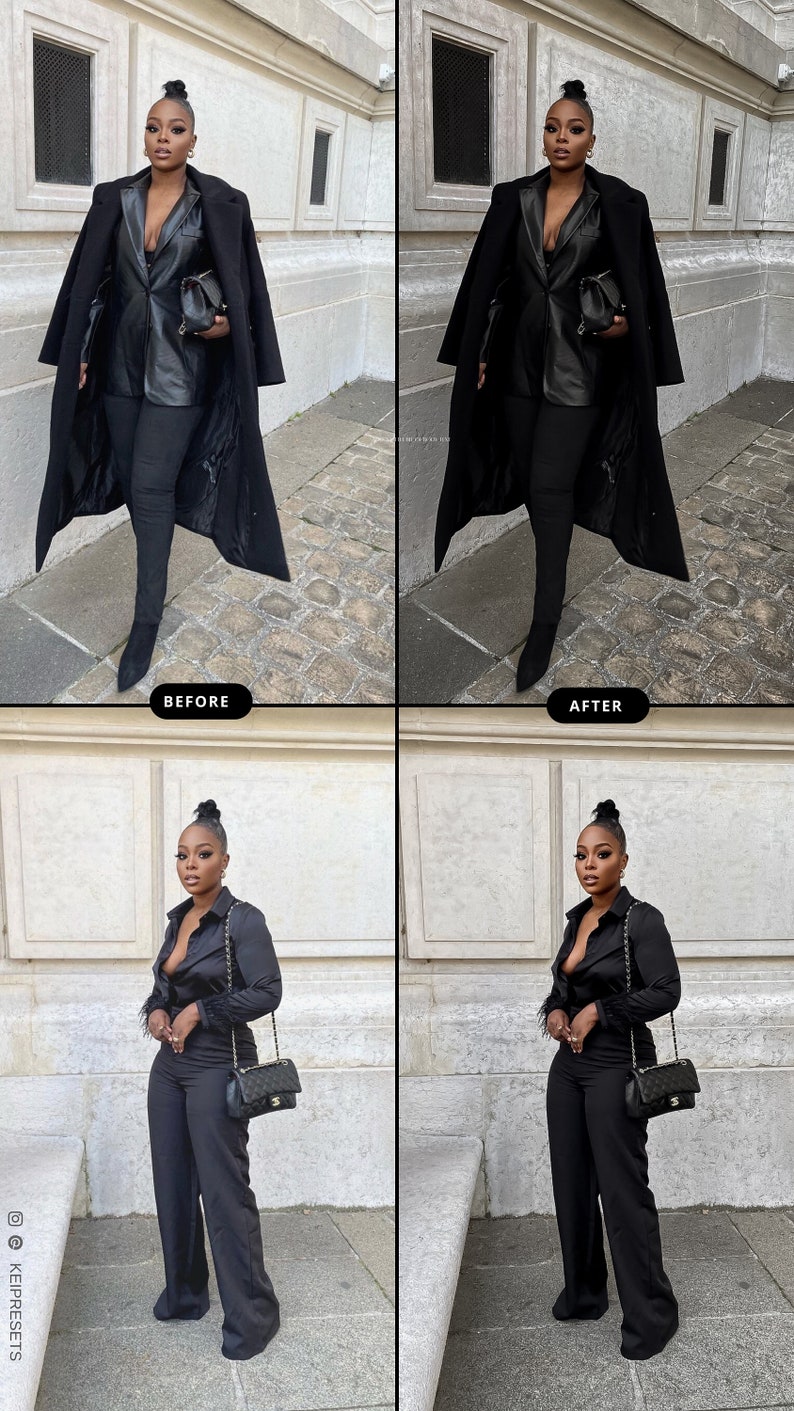 May include: A woman in a black outfit, wearing a long black coat, leather jacket, and black pants. She is also wearing black boots and carrying a black clutch. The image has a "BEFORE" and "AFTER" comparison.