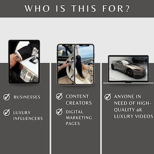 Op de afbeelding: Drie afbeeldingen die de soorten mensen laten zien die kunnen profiteren van hoogwaardige 4K-luxevideo's. De eerste afbeelding toont een man in pak en met een luxe horloge, zittend in een luxe auto. De tweede afbeelding toont een vrouw in een witte jurk die een luxe auto bestuurt. De derde afbeelding toont een luxe auto op een laptopscherm.
