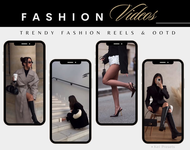 May include: Four images of women wearing different outfits. The images are displayed on a white background with the text "FASHION Videos" and "TRENDY FASHION REELS & OOTD" at the top. The text "Kei Presets" is at the bottom of the image.