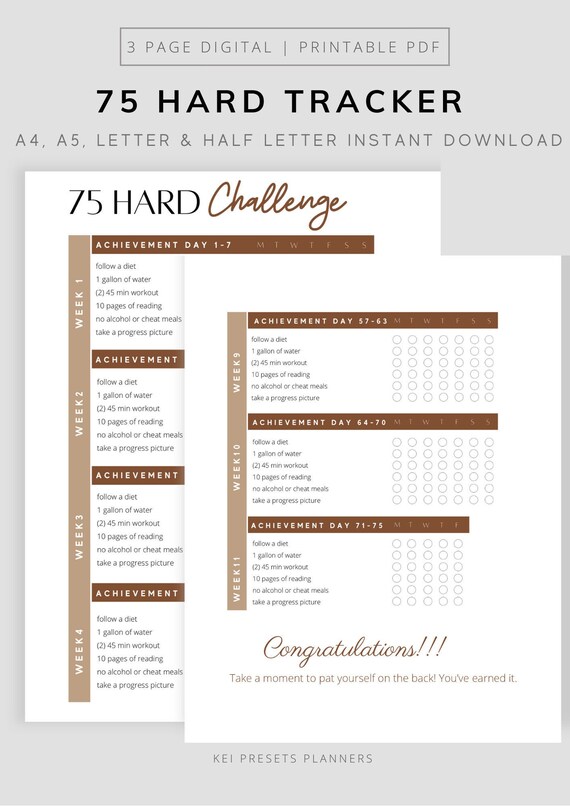 75 Hard Challenge  Habit Tracker & Printable | Instant Download | #75hard | #75hardchallenge | Andy Frisella Challenge | Self Improvement