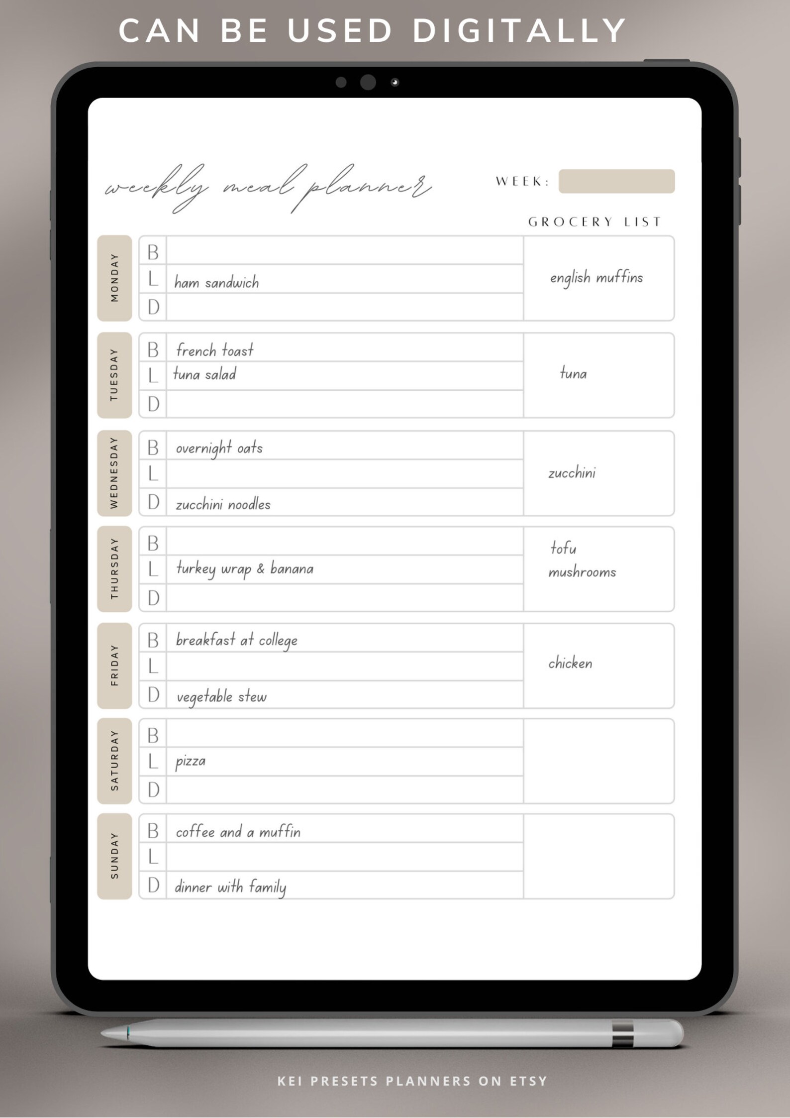 Weekly Minimalist Meal Plan Printable Weekly Meal Planner | Etsy