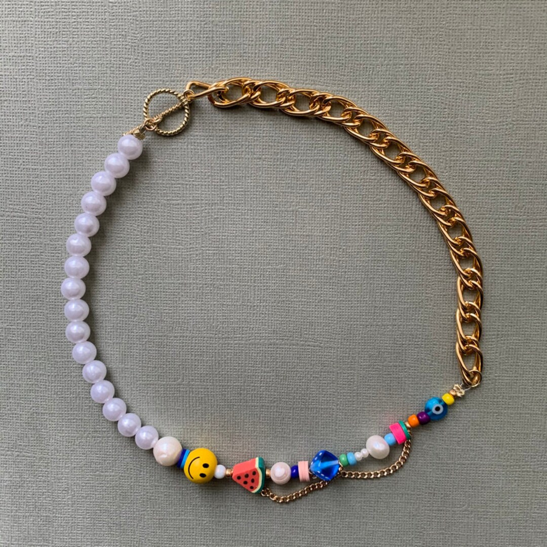 Colorful Faux Pearl Charm Necklace gold Chain Pearl Jewelry