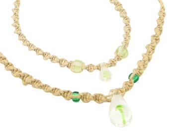 Mushroom Glass Pendant Hemp Choker and Hemp Anklet Set - Green