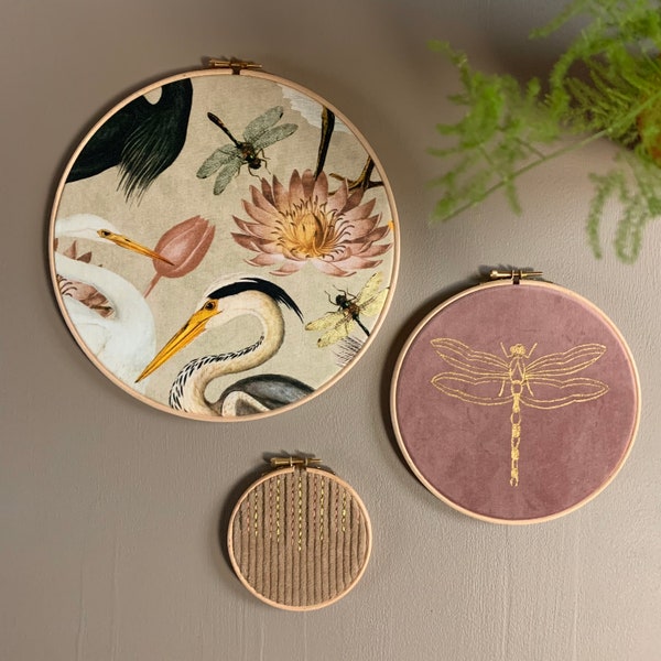 Muurhangerset Reiger, borduurring, embroidery hoop art