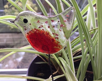 Fused Glass Robin Plant Pot Decoration, Light Catcher