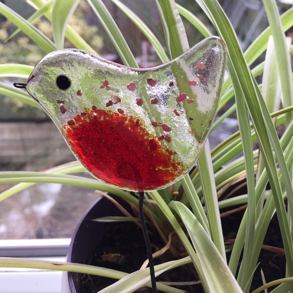 Fused Glass Robin Plant Pot Decoration, Light Catcher