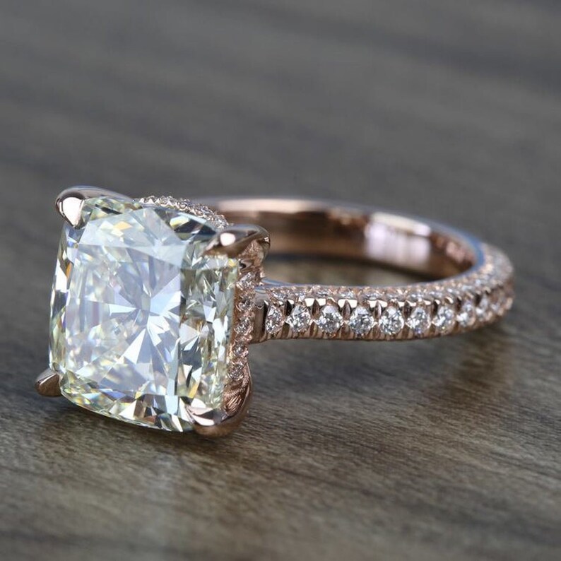 3.5 CT Cushion cut Moissanite Engagement Ring / 14K Rose