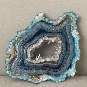 geode crystal agate, resin geode wall art, gemstone painting, abstract epoxy resin, gold and turquoise geode wall art, geode painting