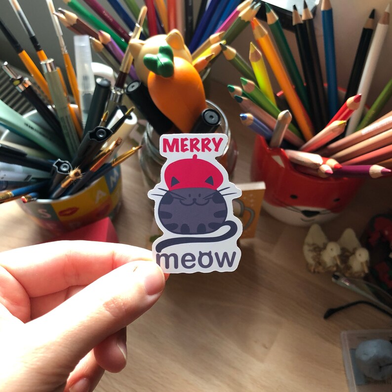 Die Cut Matte Cat Kawaii Cat Sticker Merry Meow Sticker Cat Christmas Sticker