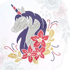 May include: A purple unicorn head silhouette with a gold horn and red flowers. The flowers have yellow centers and are surrounded by gold leaves and red and blue firework-like shapes.