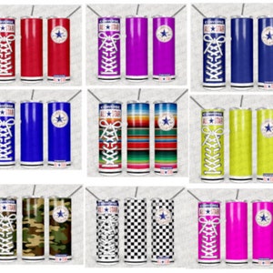 May include: Set of 12 sublimation designs featuring a Converse All Star shoe with various patterns. The designs include solid colors, stripes, camo, and checkered patterns.