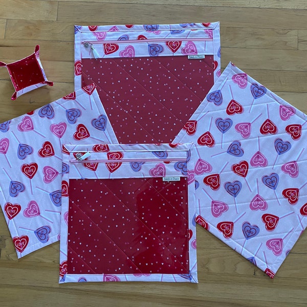 ValentinesDay-Heart Conversation Suckers-Project Bag(2Sizes)( plus free ORT Bowl)for CrossStitching,Quilting,Sewing,Drawing Proj. etc.