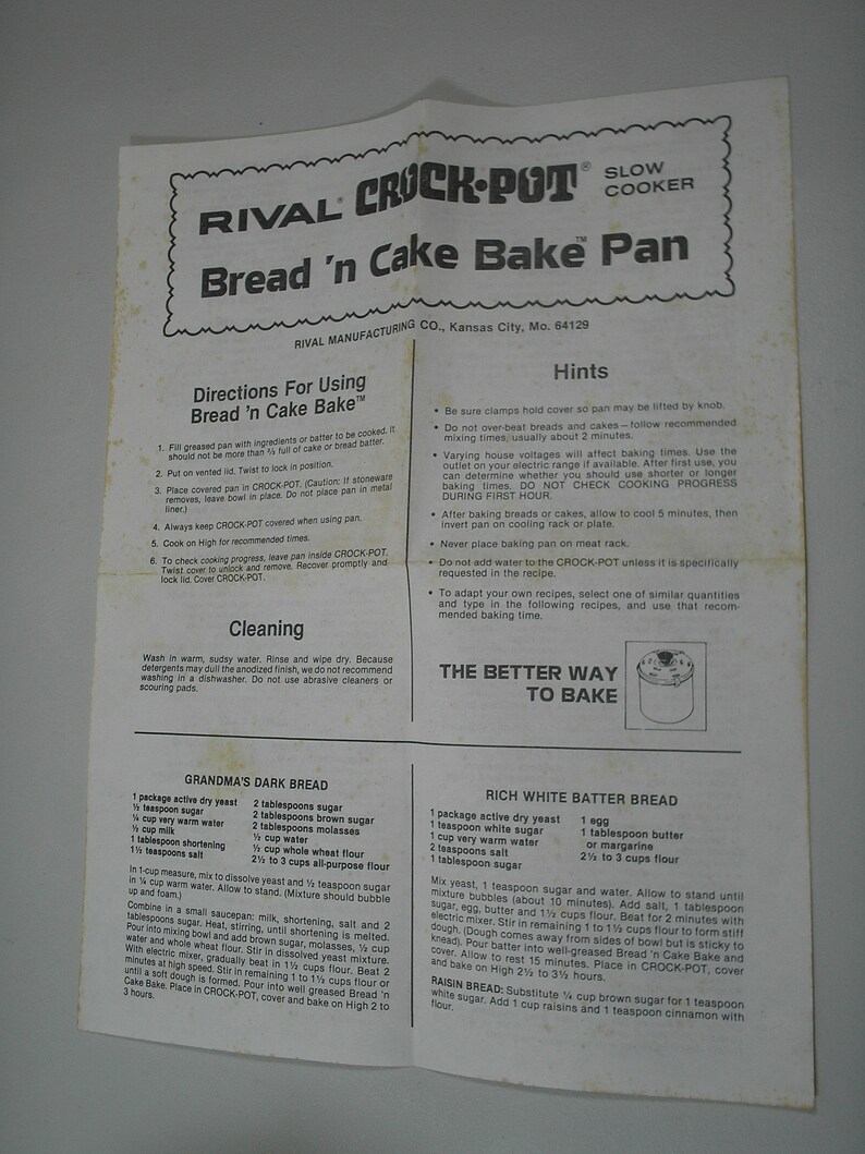 Rival Crock Pot Slow Cooker Bread N Cake Bake Pan Insert Etsy