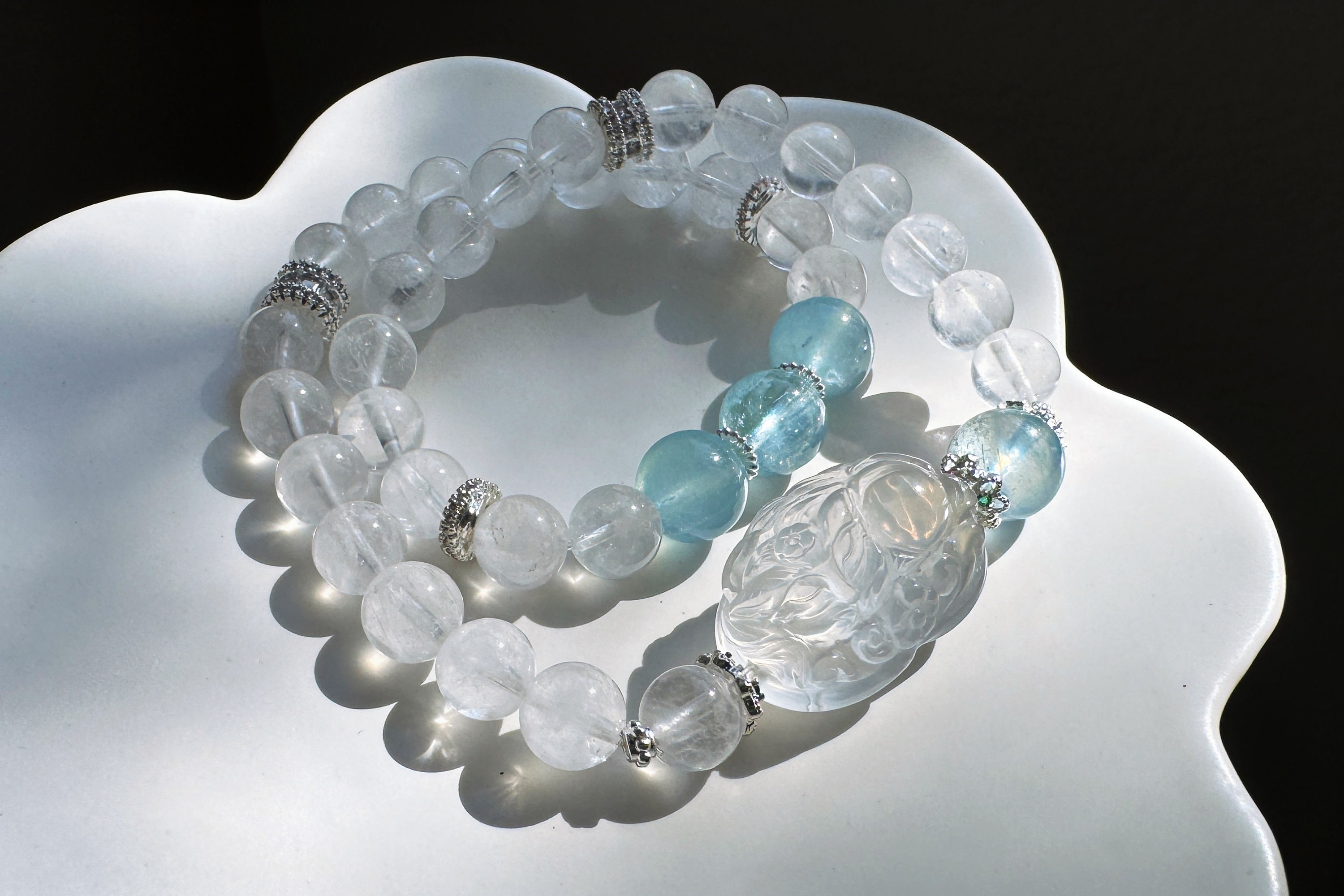 Rare Natural Blue Rabbit Hair Rutile Quartz Carved Nine