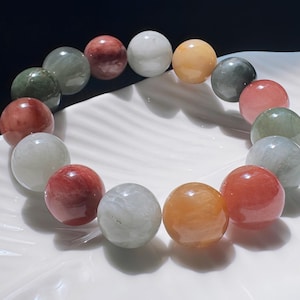 13mm Natural Multi-color Rabbit Hair Quartz Beaded Bracelet, Blue White Yellow Red Rabbit Hair Bracelet, Rabbit Hair Bracelet, 天然满发油画彩兔毛圆珠手串