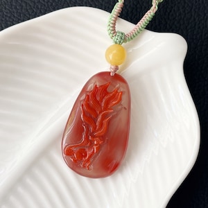 Natural Nanhong South Red Agate Hand Carved Nine Tailed Fox Pendant, Carved Nanhong Agate Fox, 天然原矿川料南红手工精雕九尾狐吊坠