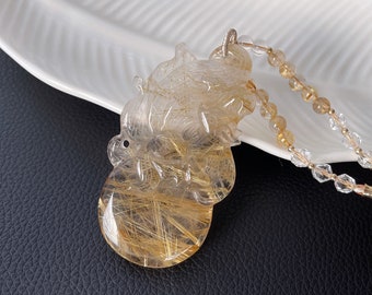 Natural Golden Rutile Quartz Hand Carved Nine Tailed Fox Pendant, Gold Rutilated Quartz Pendant, 天然金发晶手工精雕九尾狐吊坠