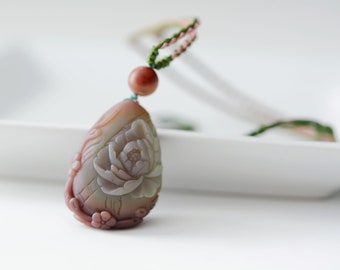 Natural Yanyuan Agate Carved Butterly and Flowers Pendant, 天然原矿盐源玛瑙雕刻蝶恋花精编吊坠