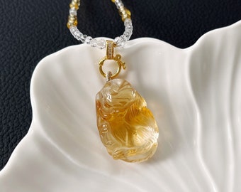 High Grade Natural Brazilian Citrine Hand Carved Nine Tailed Fox Pendant, Untreated Natural Citrine Necklace, 天然无优化巴西黄水晶手工精雕九尾狐吊坠
