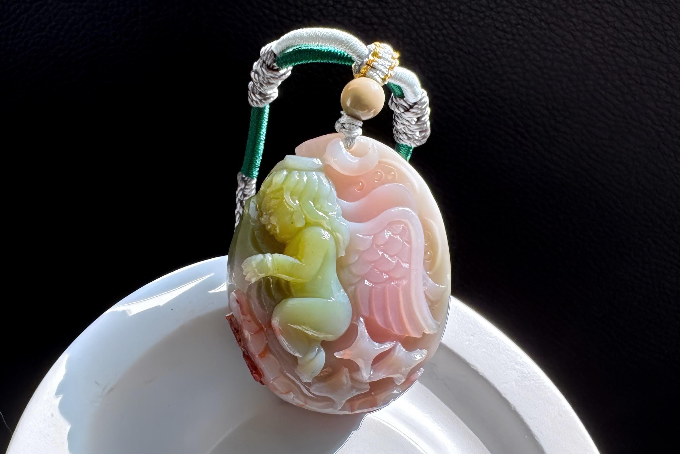 Natural Yanyuan Agate Little Angel Pendant, Hand Carved Pink and Green Yanyuan Angel and Stars Pendant, 天然原矿盐源玛瑙手雕小天使吊坠满色满肉