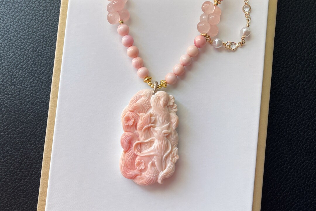 Genuine Undyed Queen Conch Hand Carved Nine Tailed Fox and Butterfly