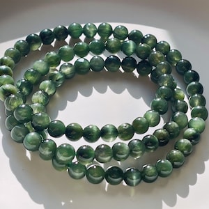Natural Chatoyancy Green Rutile Quartz Beaded Bracelet, Un-treated Natural Green Rutilated Quartz Bracelet 3 Wraps, 天然无优化猫眼绿发晶多圈手串