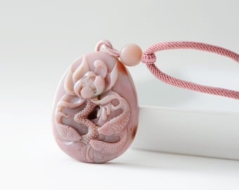 Natural Pink Yanyuan Agate Carved Fish and Lotus Pendant, 天然全粉色盐源玛瑙雕刻鱼戏荷莲吊坠配精编项链