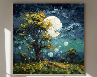 Mystical Forest Landscape whimsical painting, Full moon forest digital print, art print on canvas or hand painted