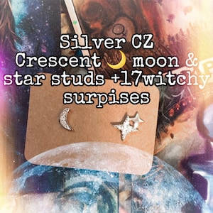 Wicca Silver Earrings - Crescent Moon star - Witch prints - Intent candle - Wiccan Earrings, Wicca Jewelry, witch y gift set