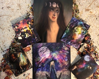Medium witch print  - clairvoyant art print -  vintage witch print  - white eye witch - moon phases witch poster - witch art set