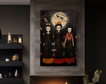COVEN witch sisters under the moon painting, Art print  from my original witch painting - Moon circle -  Moon - moon and witch fine art