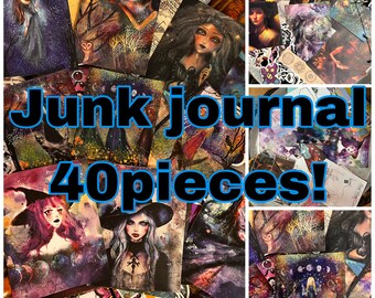 May include: A collection of 40 pieces of junk journal ephemera featuring whimsical illustrations of women in witchy attire, celestial bodies, and nature scenes. The ephemera is perfect for adding a touch of magic to your crafting projects.