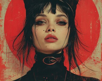 Goth Cat Witch malarstwo wydruk, Niejasny czarowniczy mistyczny obraz olejny wydruk artystyczny plakat, czarownica wydruk do druku lub na płótnie, Elegancka sztuka czarownicy