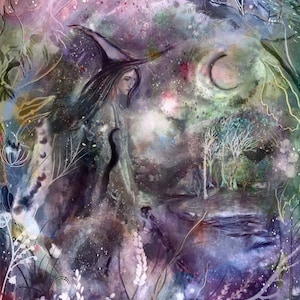 Moon pastel witch print -  Moon pastel witch  Art print from my original painting - witch Moon print - moon print - witch Moon pastel witch