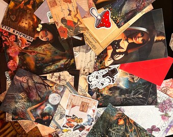 May include: A collection of vintage and modern ephemera, including cards, stickers, and paper scraps. The images feature a variety of themes, including nature, fantasy, and tarot. The colors are vibrant and eclectic, with a mix of gold, red, blue, and green.