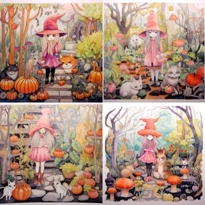 Digital art Whimsical garden witch and friends green witch clip art printable bundle set