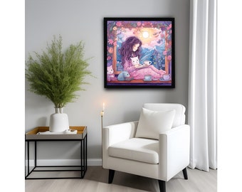 The window tea by the moon with familiar cat  magical mystical art painting hand painted, printed or  digital print