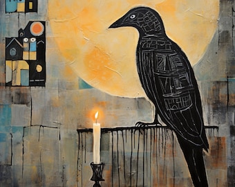 Surrealistyczna ABSTRAKCYJNA znajoma sztuka czarownicy WRONA czarownica, Abstrakcyjna słodka sztuka medytacyjna wydruk, wydruk cyfrowy lub wydruk na płótnie lub ręcznie malowany