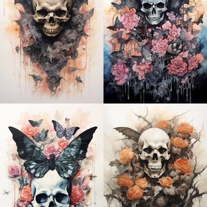 GOTH skull bats flowers  DIGITAL  paper, half paper 5.5”x8.5” Goth downloadable  journaling printables,  Goth witch watercolor pages
