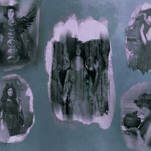 Könnte beinhalten: Eine Collage aus fünf Vintage-Fotos, die Frauen in verschiedenen Posen zeigen. Die Bilder sind in Schwarzweiß und haben einen verblassten, antiken Look. Die Frauen sind in verschiedenen Stilen gekleidet, einige mit langen, wallenden Haaren und andere mit Hüten. Die Bilder sind in einem Raster auf einem hellblauen Hintergrund angeordnet.