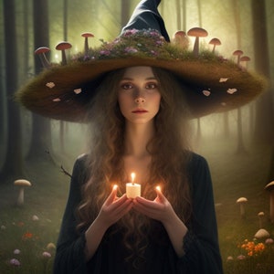 6 MUSHROOM GREEN WITCH printables, candle hat witch Art print, digital art print from my witchy art