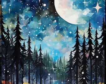Magical Forest Landscape whimsical animal print painting, Full moon forest hand painted, printed or digital print